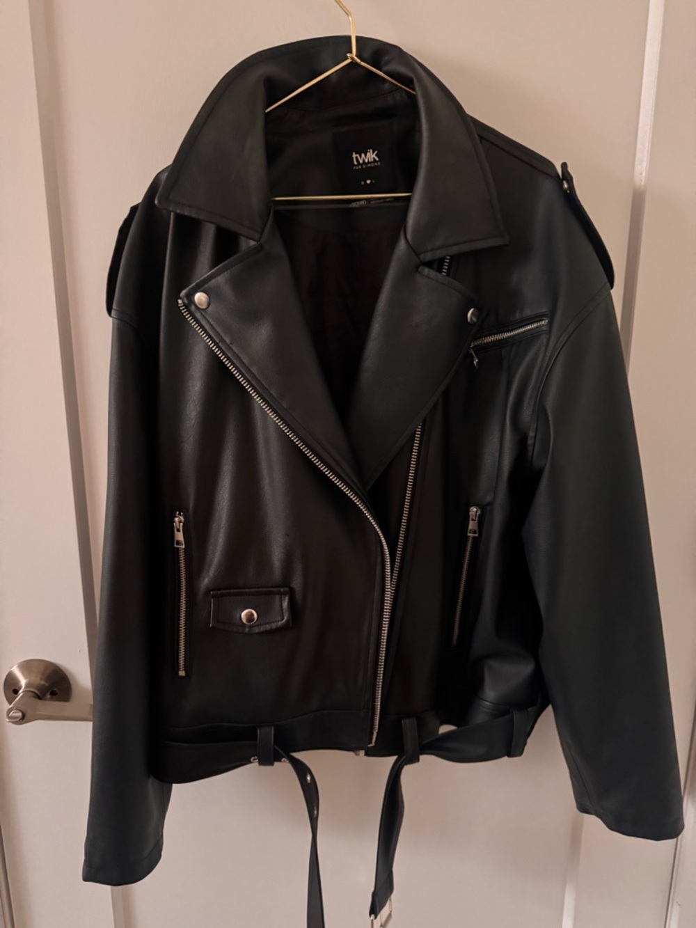 Simons TWIK Black Faux Leather Moto Jacket size Large like new